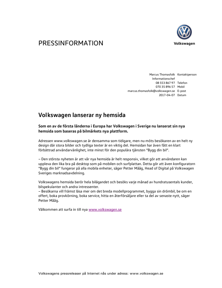 Volkswagen lanserar ny hemsida