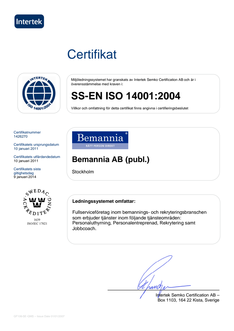Certifikat ISO 14001:2004 Bemannia AB