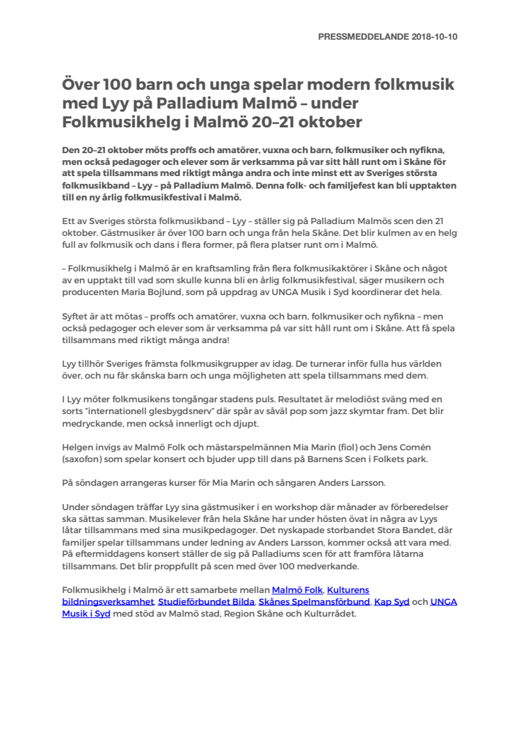  Över 100 barn och unga spelar modern folkmusik med Lyy på Palladium Malmö – under Folkmusikhelg i Malmö 20–21 oktober