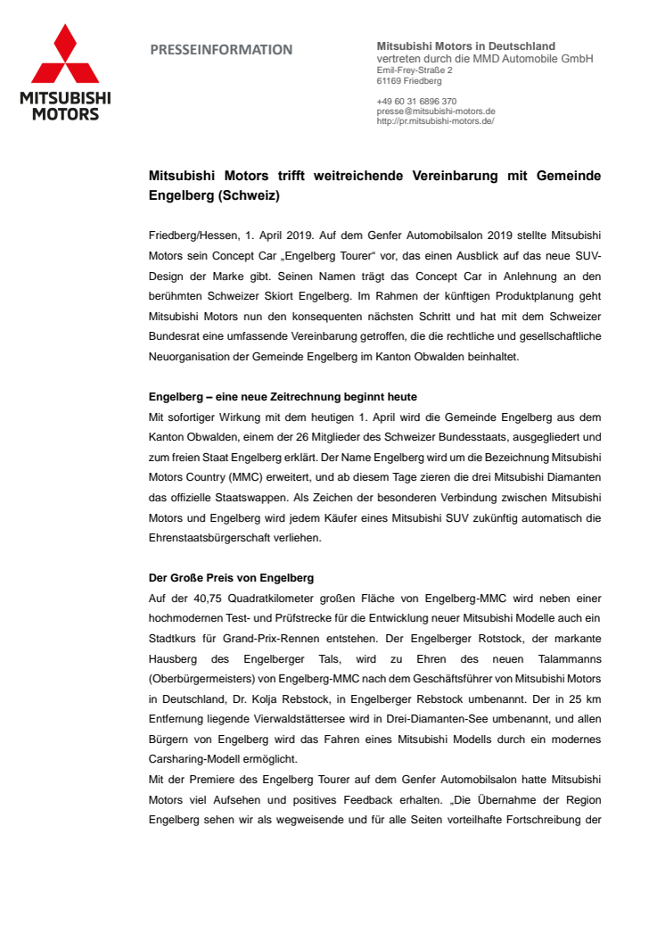 Mitsubishi Motors trifft weitreichende Vereinbarung mit Gemeinde Engelberg (Schweiz)