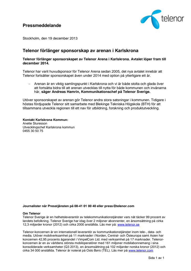 Telenor förlänger sponsorskap av arenan i Karlskrona