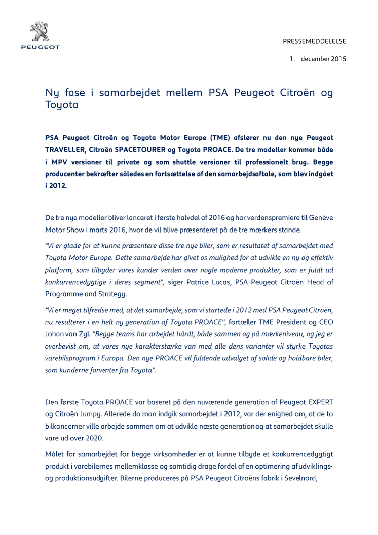 Ny spændende fase i samarbejdet mellem PSA Peugeot Citroën og Toyota