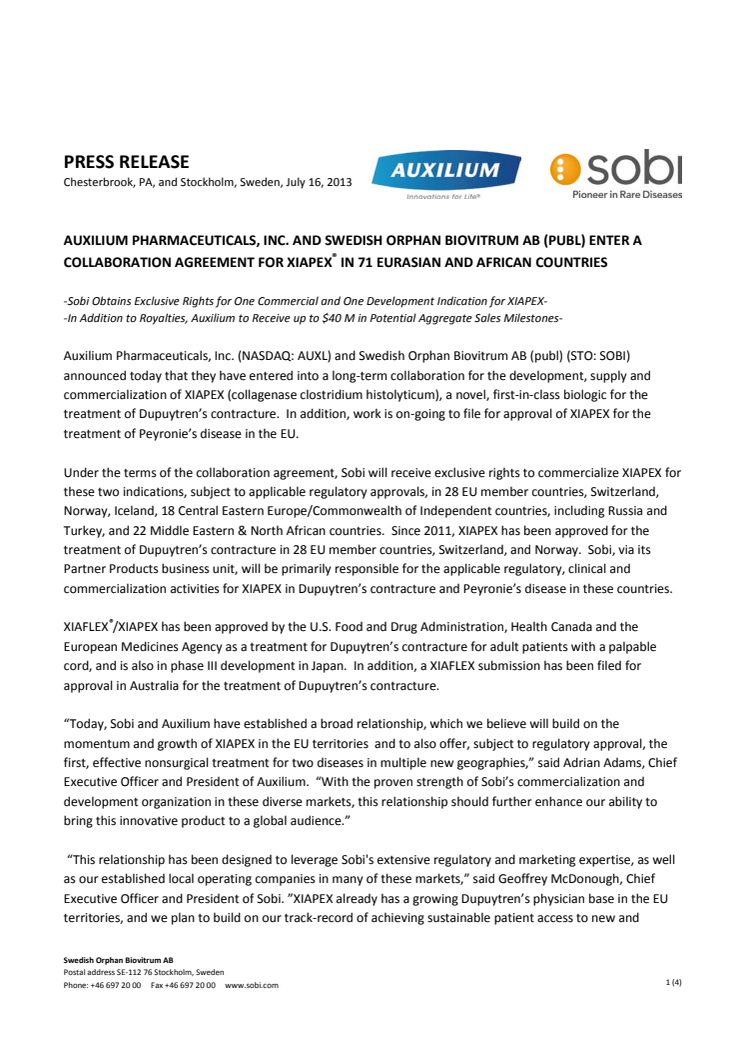 Auxilium Pharmaceuticals, Inc. and Swedish Orphan Biovitrum AB (publ) enter a collaboration agreement for XIAPEX® in 71 Eurasian and African countries