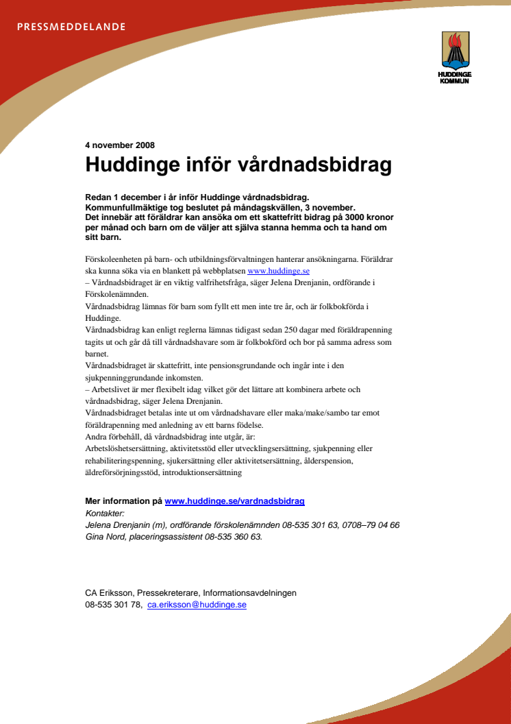 Huddinge inför vårdnadsbidrag