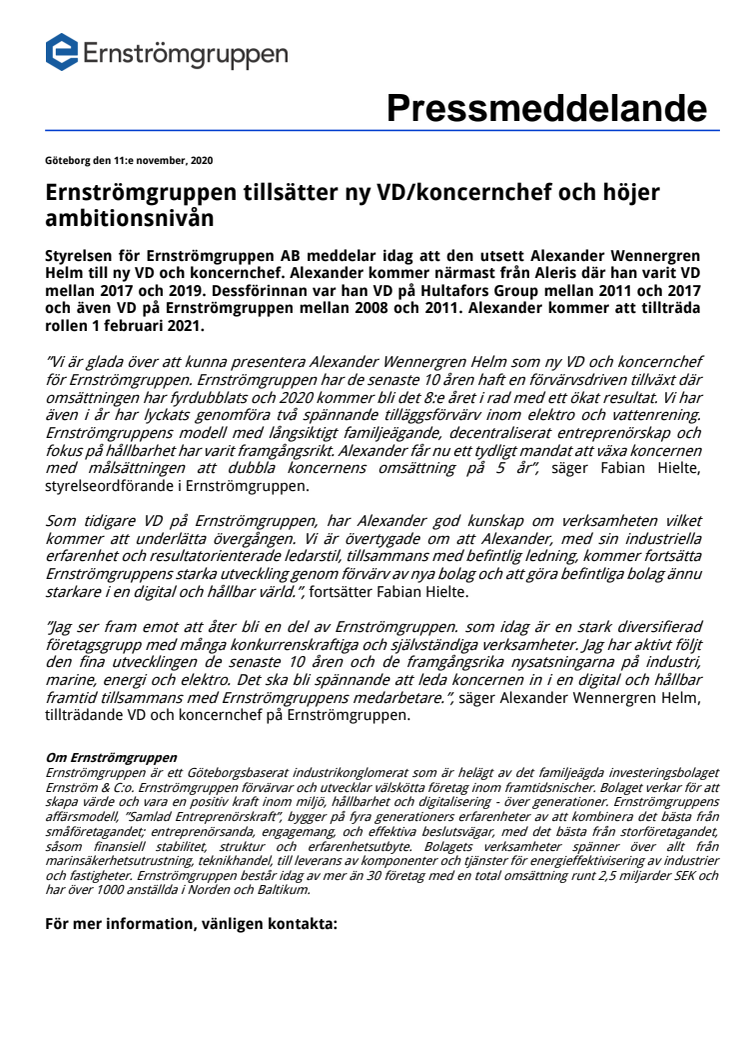 Ernströmgruppen tillsätter ny VD/koncernchef och höjer ambitionsnivån