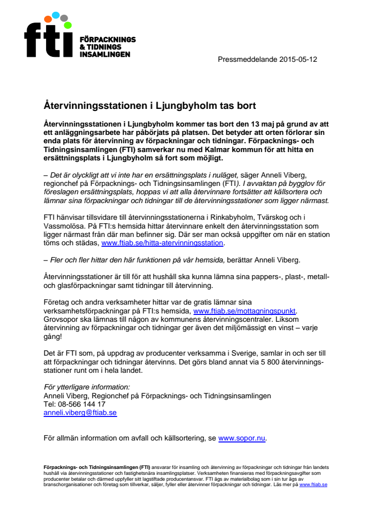 ​Återvinningsstationen i Ljungbyholm tas bort