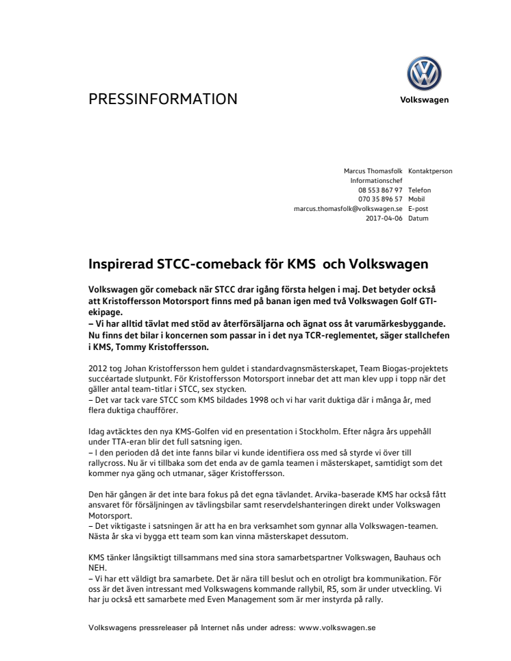 Inspirerad STCC-comeback för KMS  och Volkswagen
