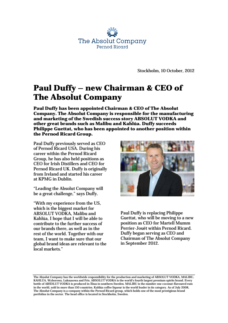 Paul Duffy – new Chairman & CEO of The Absolut Company