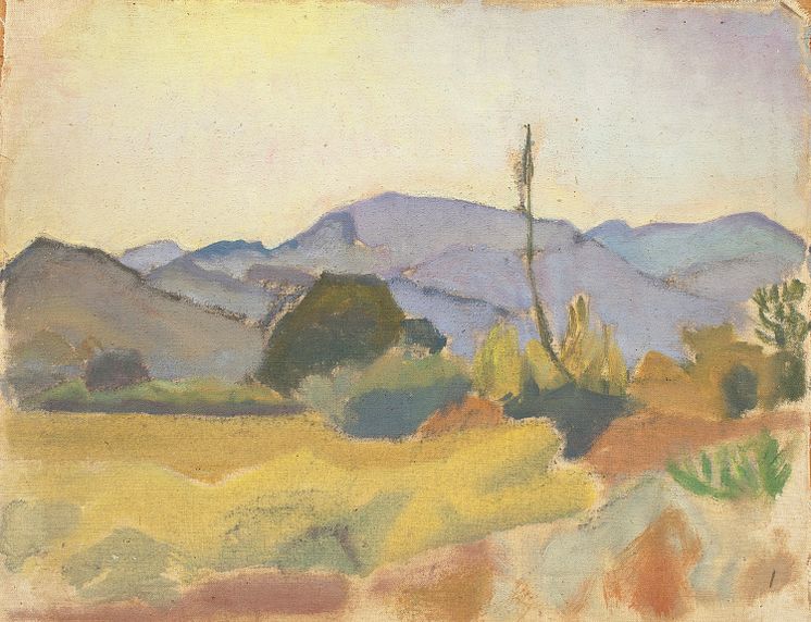 Ivan Aguéli, Spanskt Berglandskap, c. 1917. Olja på duk monterad på papp, 25 x 32 cm.