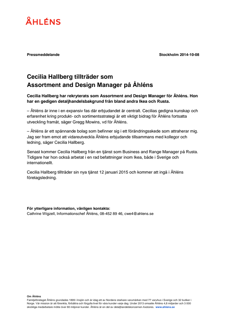 Cecilia Hallberg tillträder som  Assortment and Design Manager på Åhléns