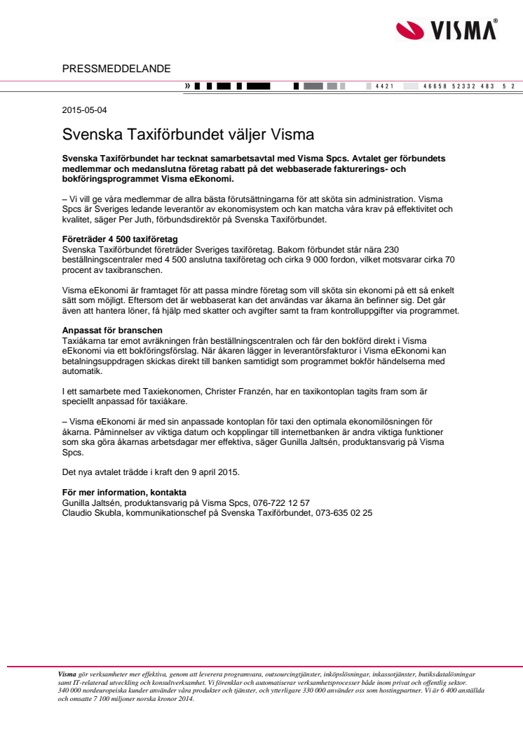 Svenska Taxiförbundet väljer Visma