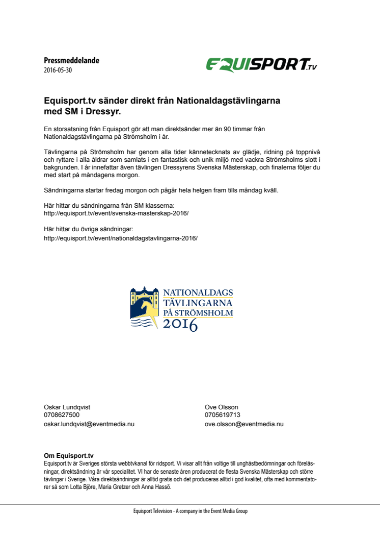Equisport.tv sänder direkt från Nationaldagstävlingarna med SM i Dressyr.