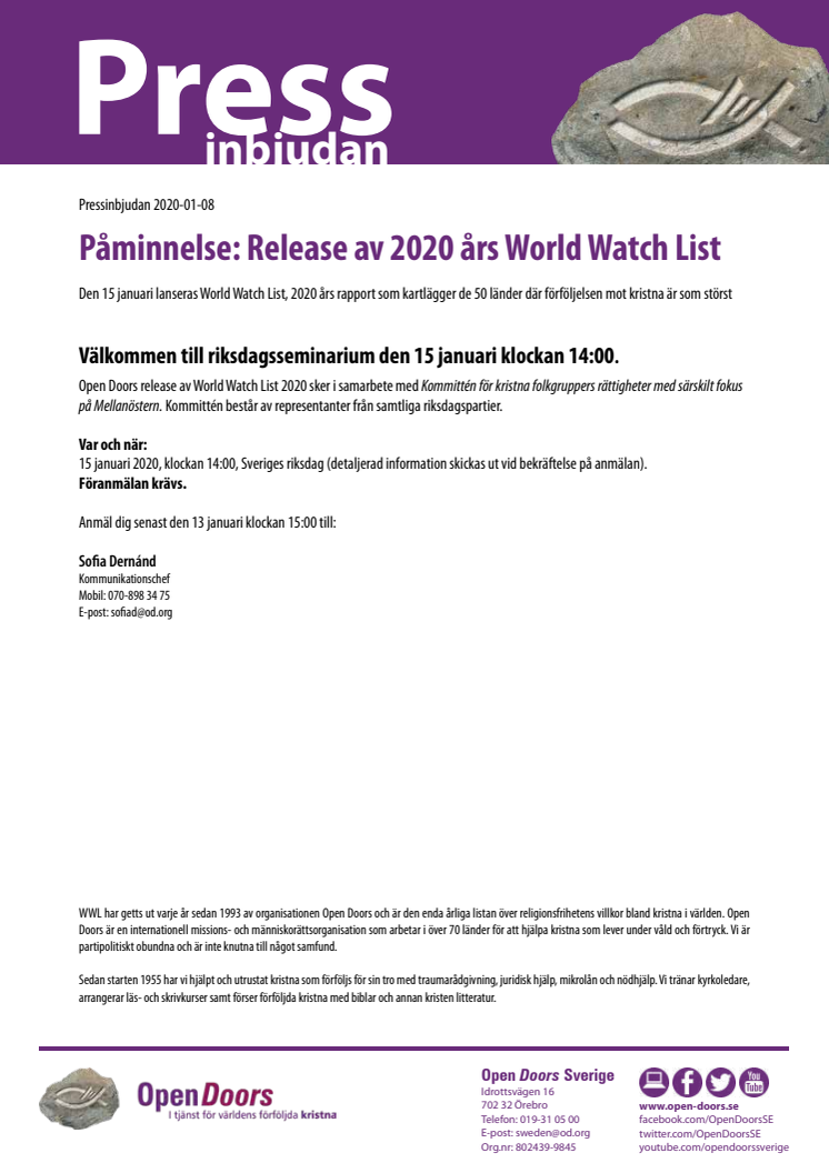Påminnelse! Release av 2020 års World Watch List
