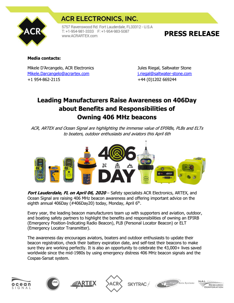 Leading Manufacturers Raise Awareness on 406Day about Benefits and Responsibilities of Owning 406 MHz beacons