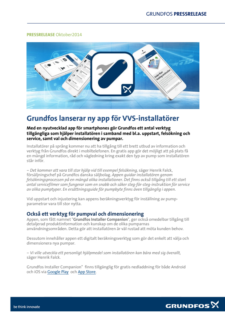 Grundfos lanserar ny app för VVS-installatörer