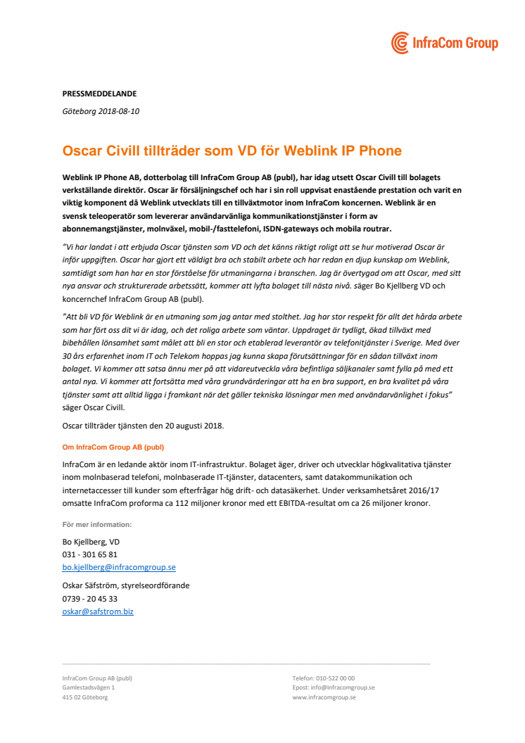 Oscar Civill tillträder som VD för Weblink IP Phone
