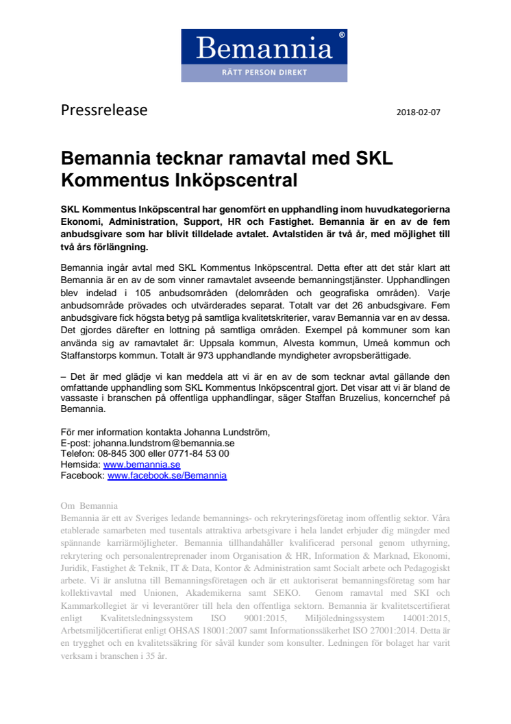 Bemannia tecknar ramavtal med SKL Kommentus Inköpscentral