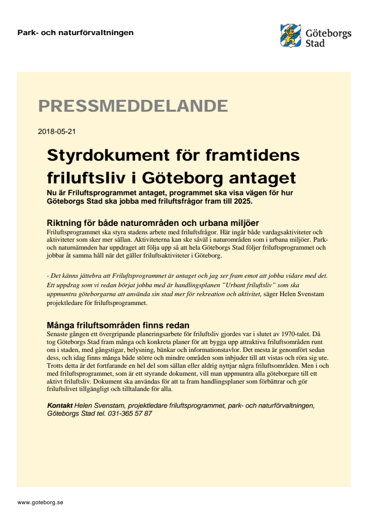 Styrdokument för framtidens friluftsliv i Göteborg antaget