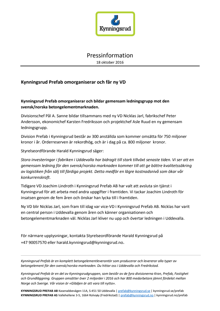 Kynningsrud Prefab omorganiserar och får ny VD