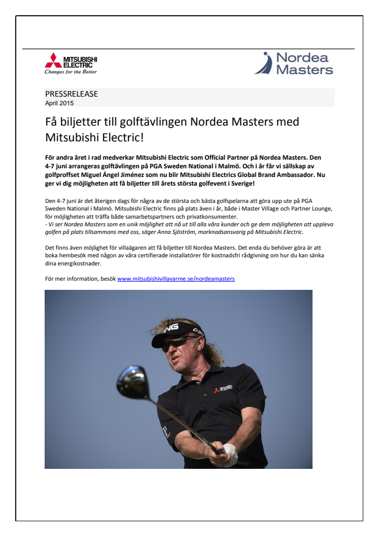 Få biljetter till golftävlingen Nordea Masters med Mitsubishi Electric!