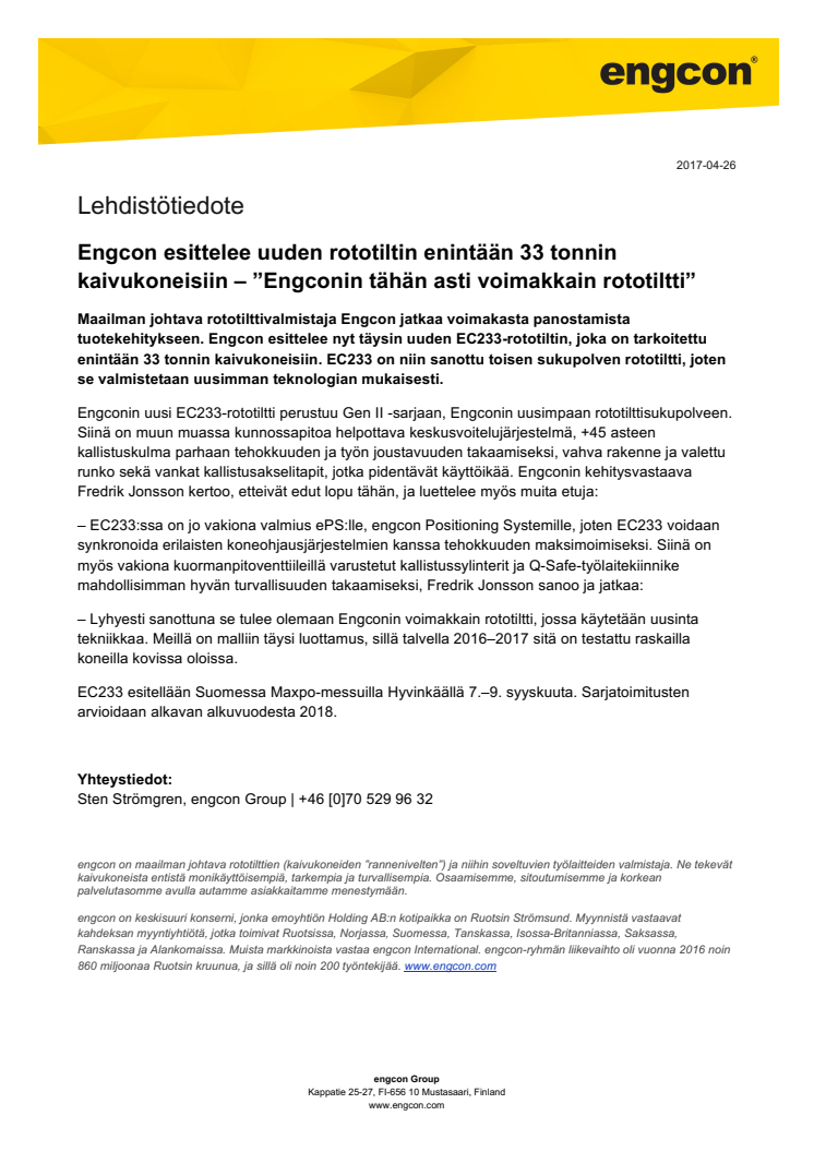 Engcon esittelee uuden rototiltin enintään 33 tonnin kaivukoneisiin – ”Engconin tähän asti voimakkain rototiltti”