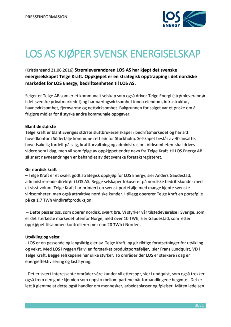 LOS AS kjøper svensk energiselskap
