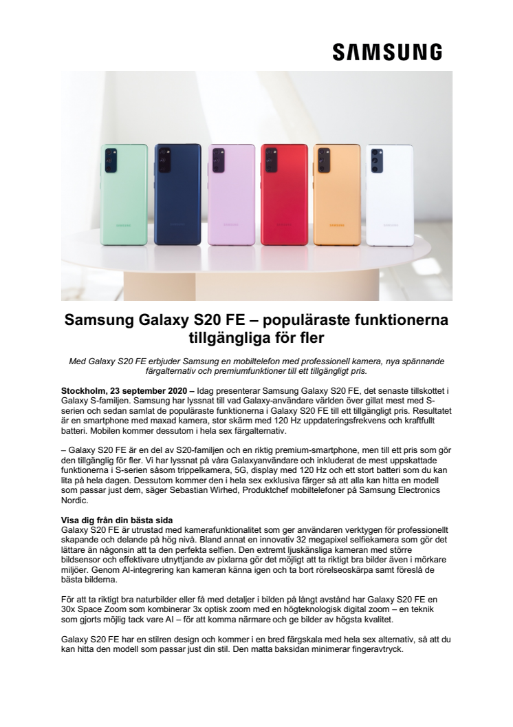 Samsung Galaxy S20 FE – populäraste funktionerna tillgängliga för fler