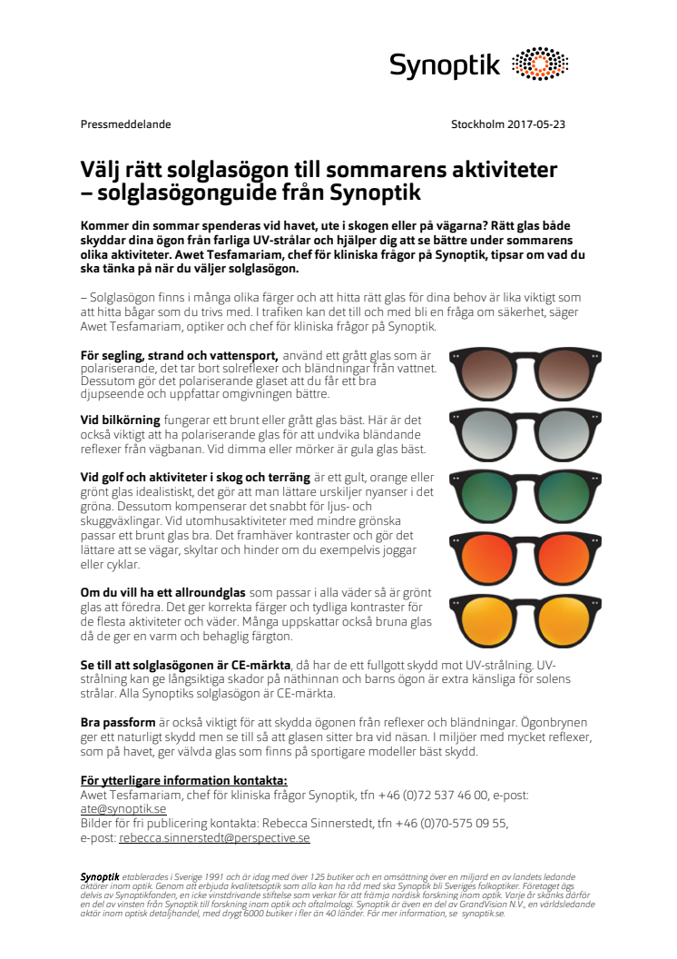 Välj rätt solglasögon till sommarens aktiviteter – solglasögonguide från Synoptik