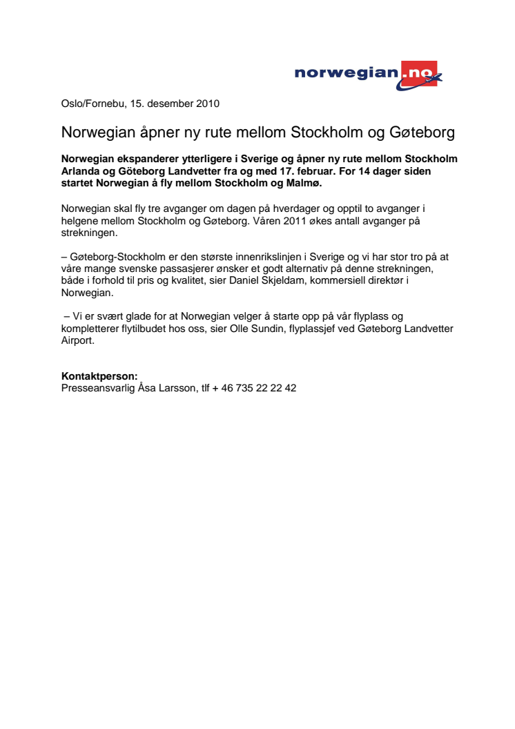 Norwegian åpner ny rute mellom Stockholm og Gøteborg