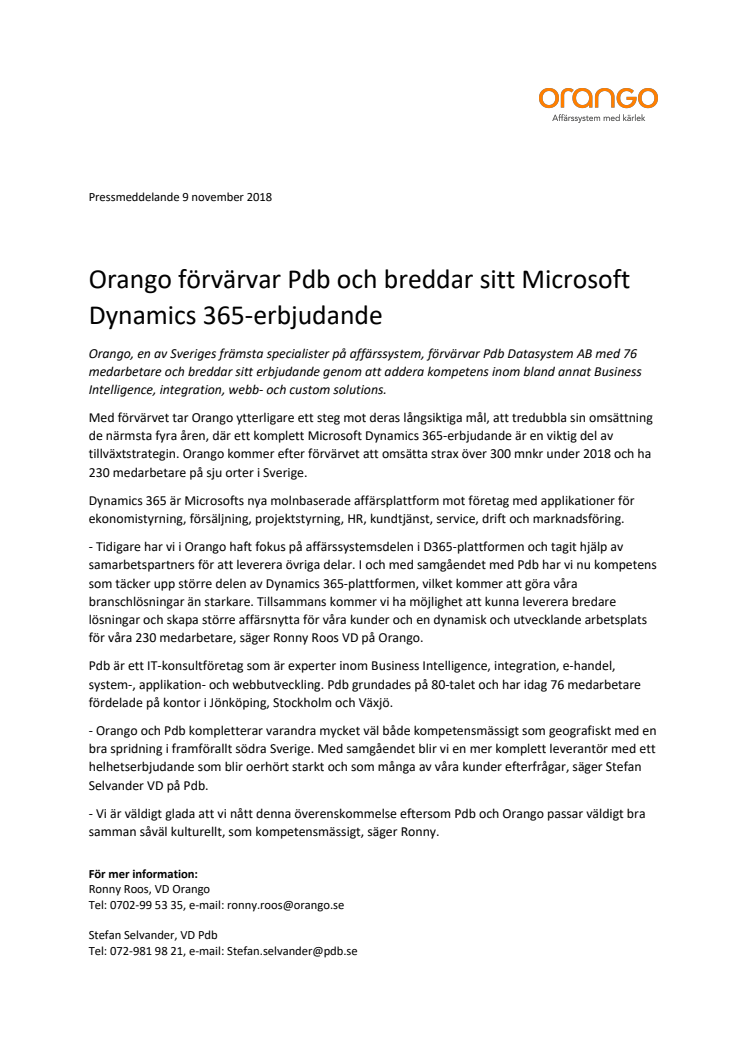 Orango förvärvar Pdb och breddar sitt Microsoft Dynamics 365-erbjudande 