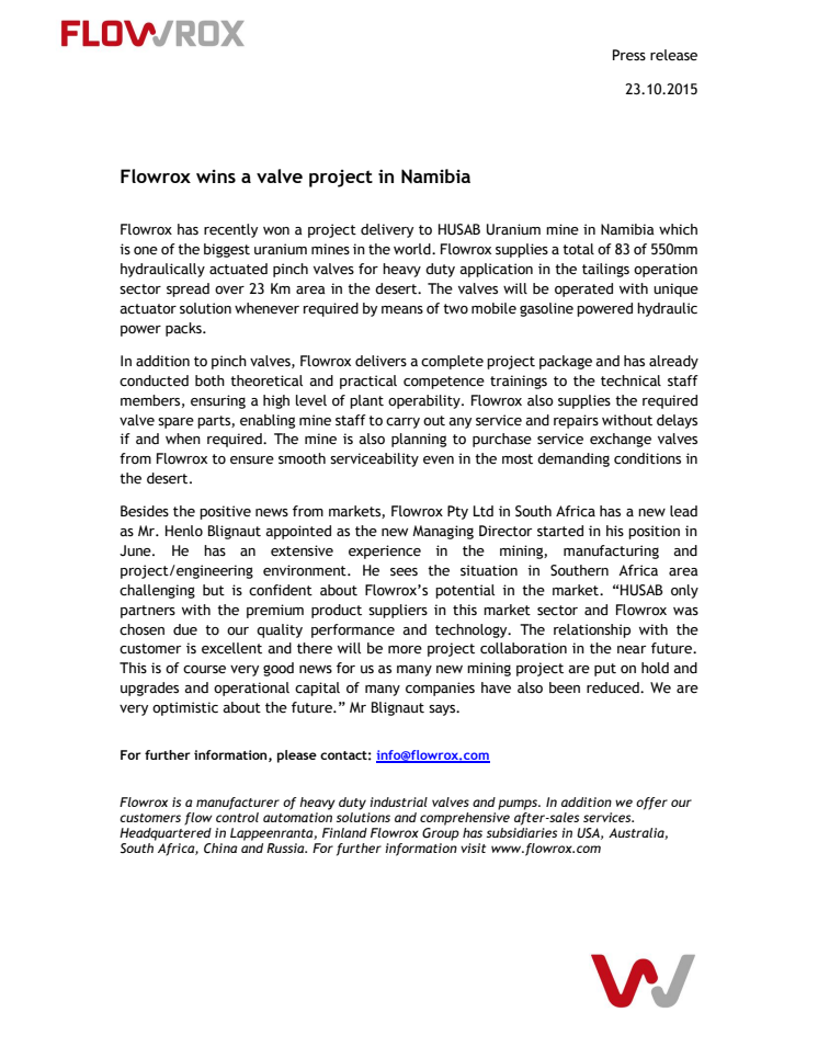 Flowrox wins a valve project in Namibia 