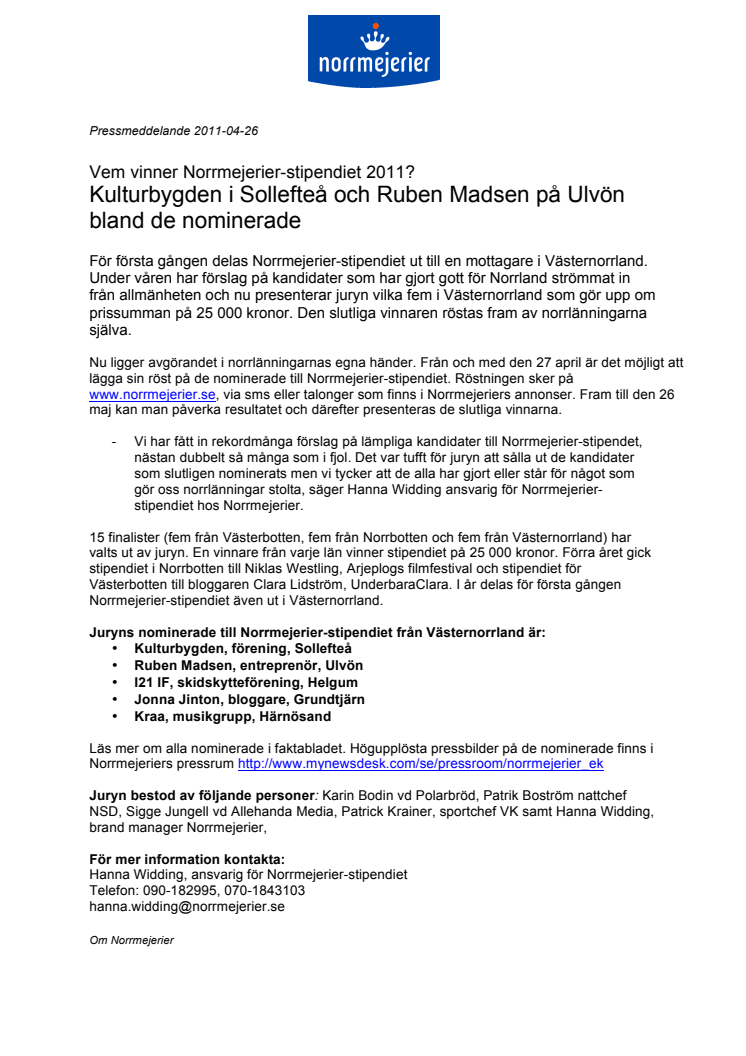 Vem vinner Norrmejerier-stipendiet 2011? Kulturbygden i Sollefteå och Ruben Madsen på Ulvön bland de nominerade