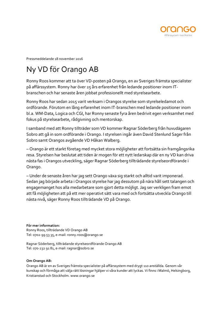 Ny VD för Orango AB