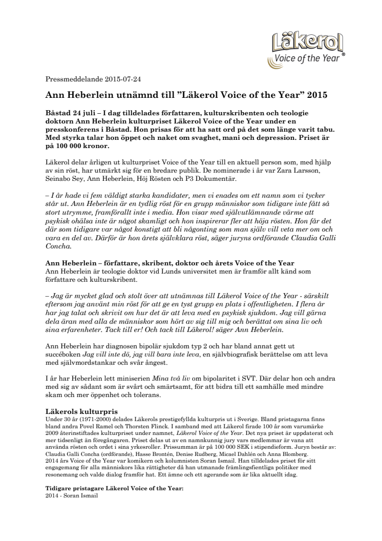 Ann Heberlein utnämnd till ”Läkerol Voice of the Year” 2015