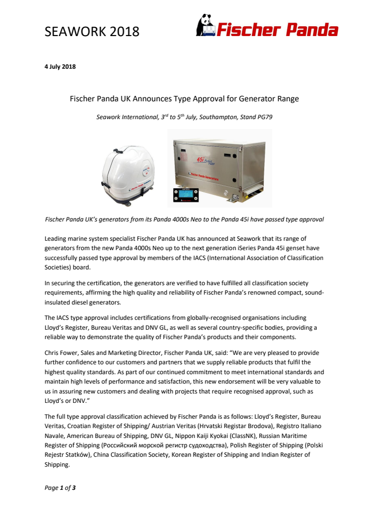 Fischer Panda UK Announces Type Approval for Generator Range