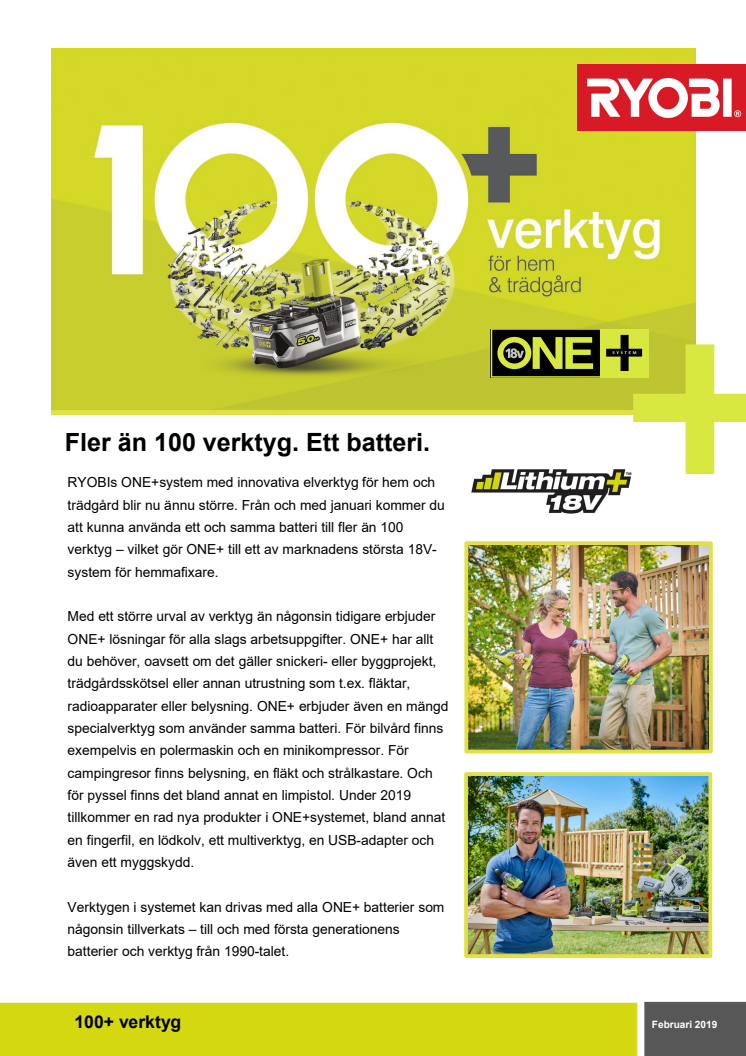 Ryobi ONE+ når över 100 verktyg 2019!