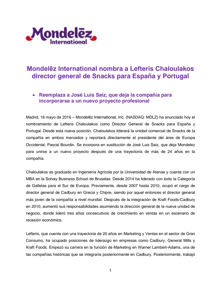 Mondelēz International nombra a Lefteris Chaloulakos director general de Snacks para España y Portugal