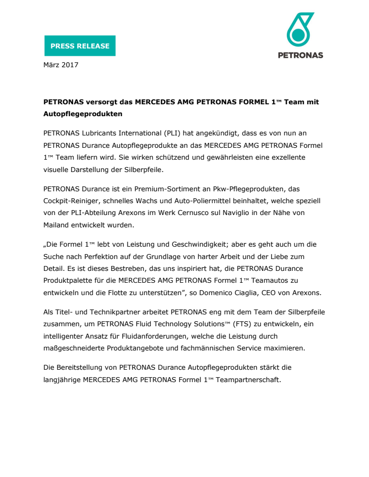 PETRONAS versorgt das MERCEDES AMG PETRONAS FORMEL 1™ Team mit Autopflegeprodukten