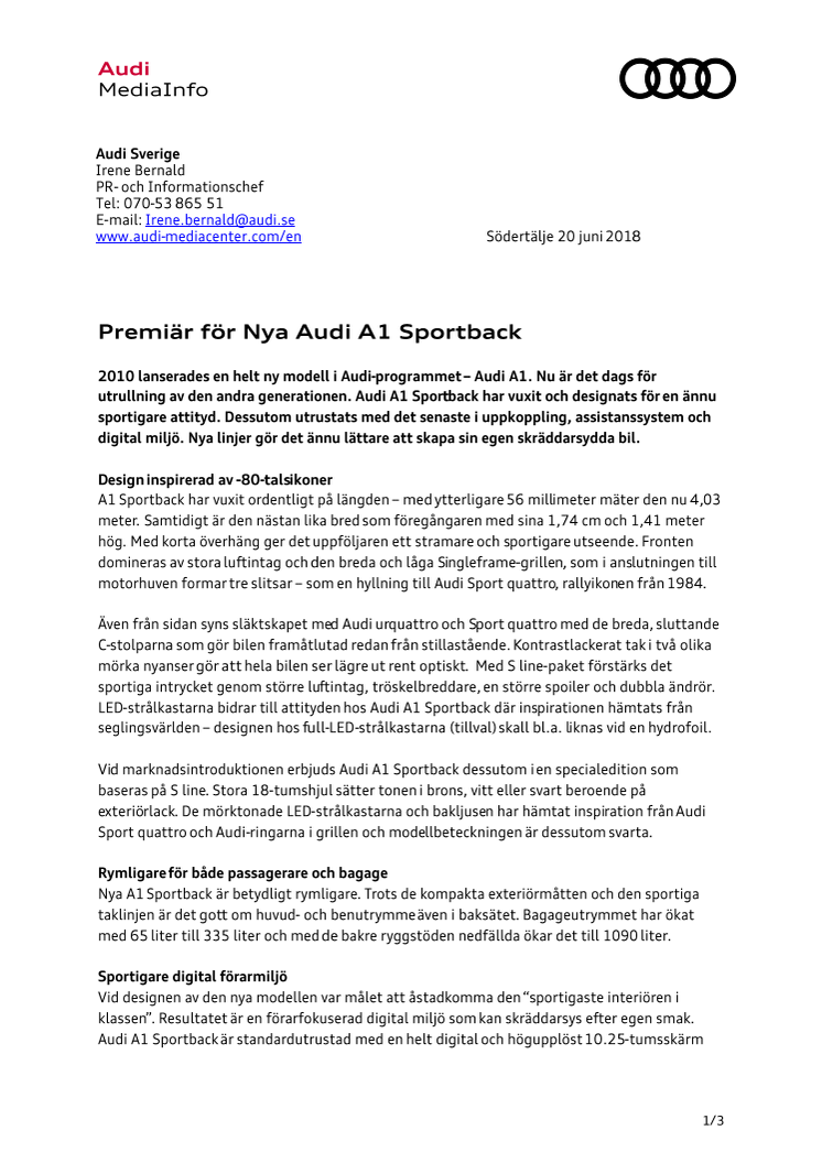 Premiär för Nya Audi A1 Sportback