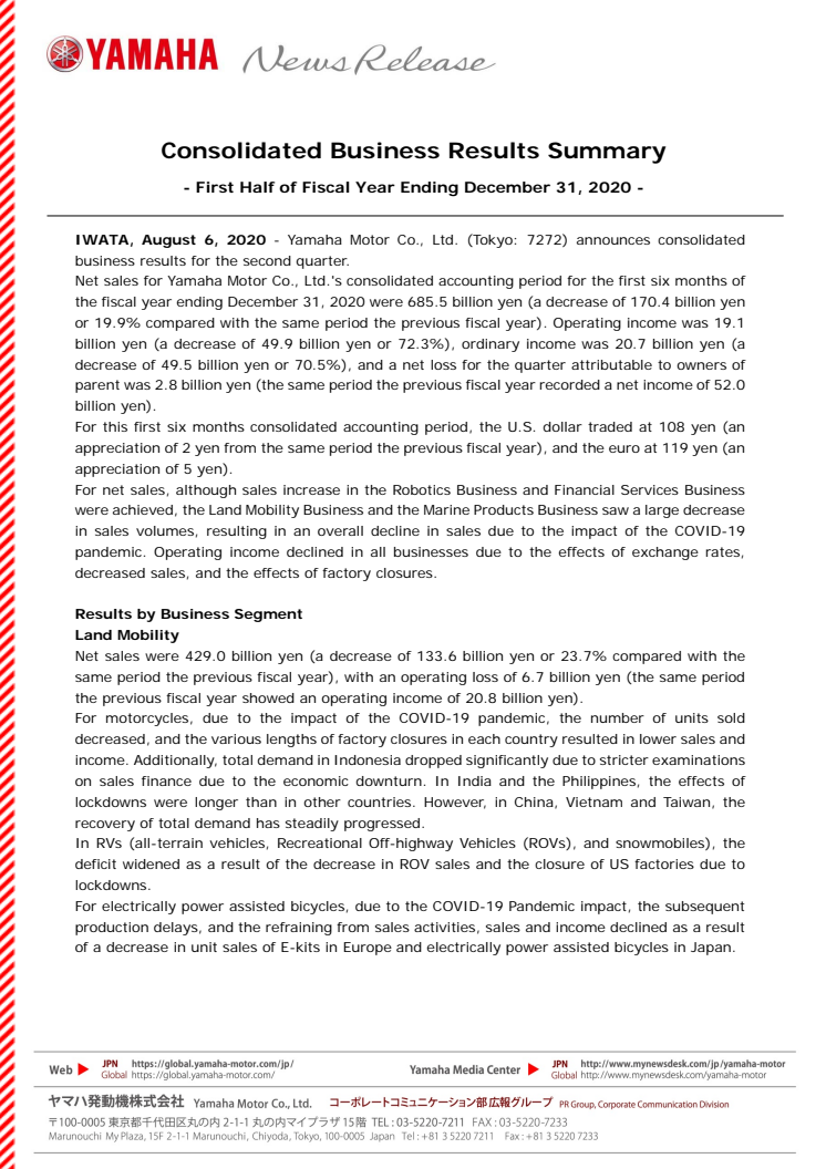 Consolidated Business Results Summary   - First Half of Fiscal Year Ending December 31, 2020 -