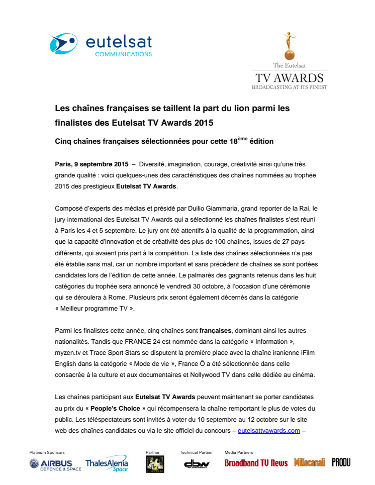 Les chaînes françaises se taillent la part du lion parmi les finalistes des Eutelsat TV Awards 2015