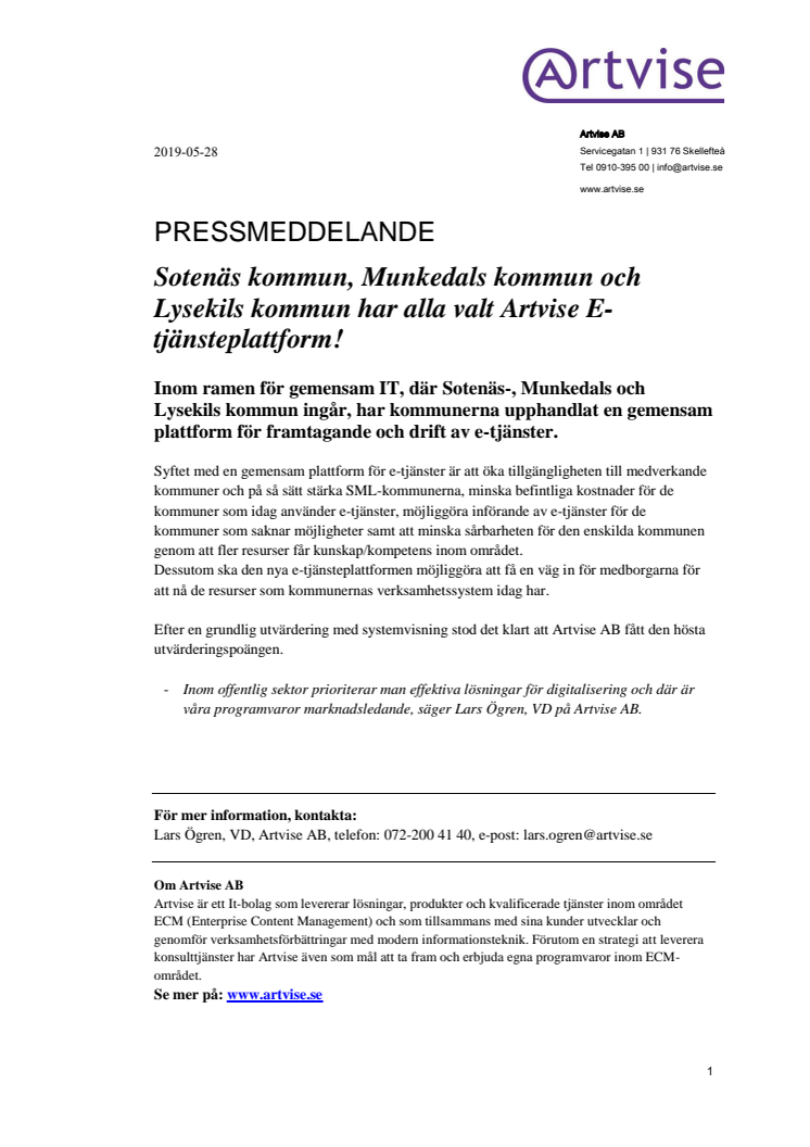 Sotenäs kommun, Munkedals kommun och Lysekils kommun har alla valt Artvise E-tjänsteplattform!