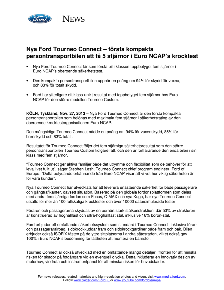 Nya Ford Tourneo Connect – första kompakta persontransportbilen att få 5 stjärnor i Euro NCAP’s krocktest