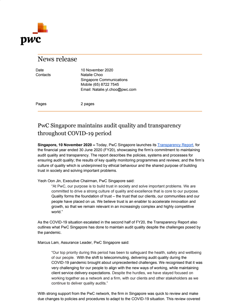 PwC Singapore maintains audit quality and transparency throughout COVID-19 period