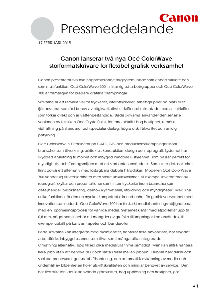 Canon lanserar två nya Océ ColorWave storformatskrivare för flexibel grafisk verksamhet