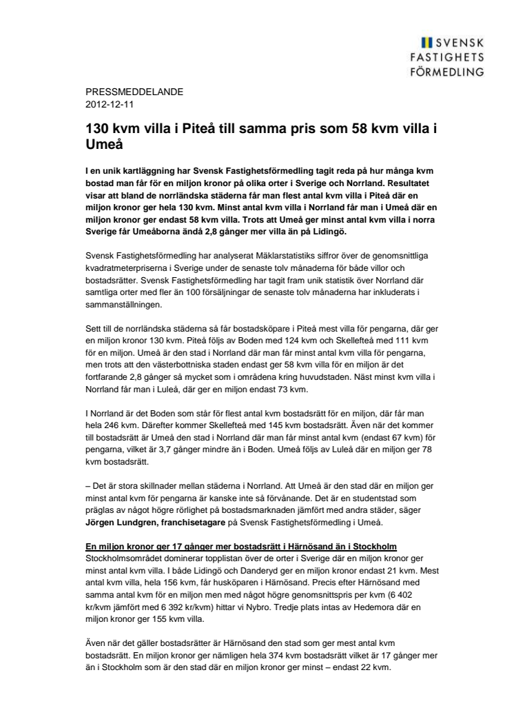 Pressmeddelande: 130 kvm villa i Piteå till samma pris som 58 kvm villa i Umeå