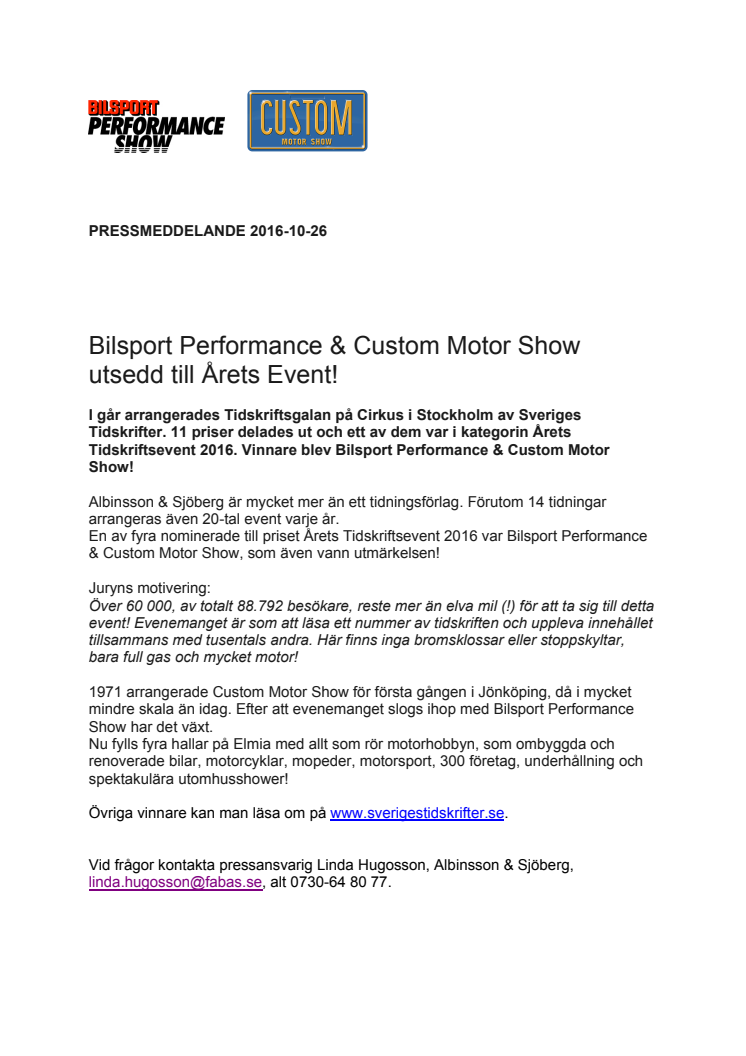 Bilsport Performance & Custom Motor Show utsett till Årets Event!