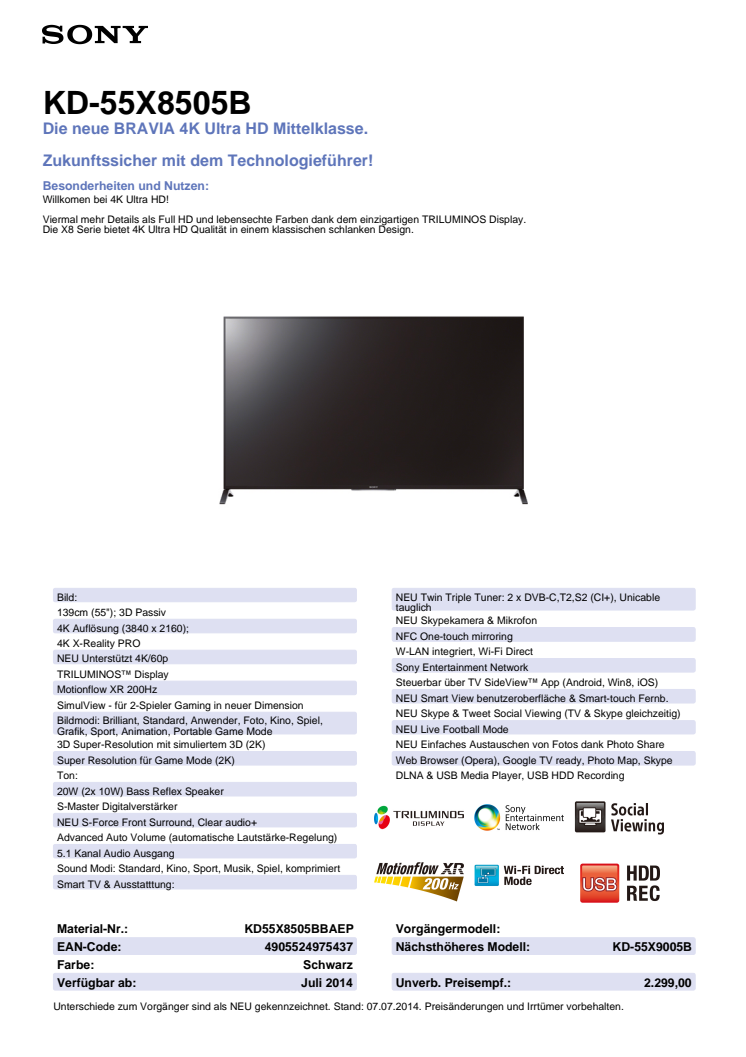 Datenblatt KD-55X8505B von Sony