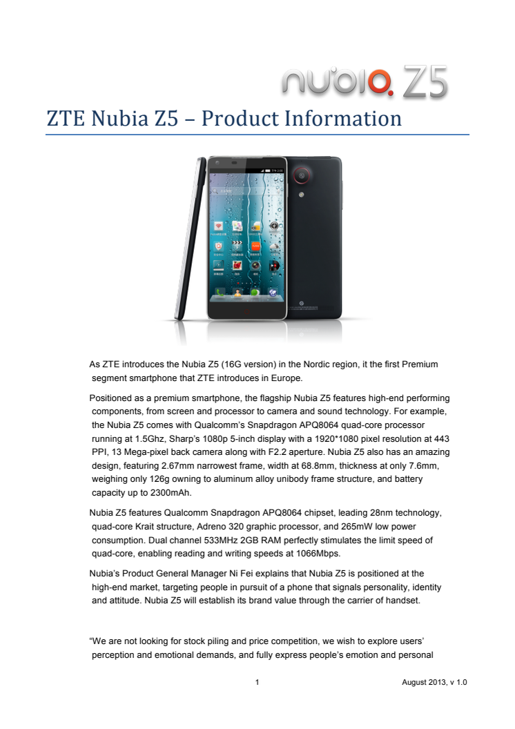 ZTE Nubia Z5 – Product Information 