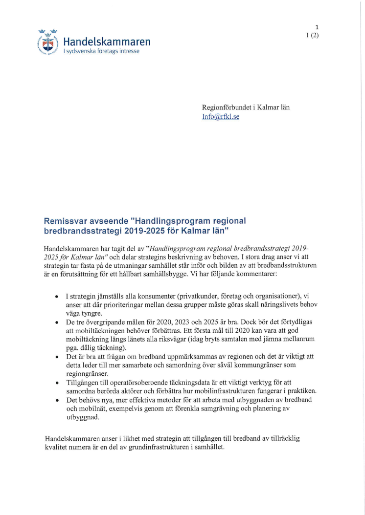 Remissvar avseende "Handlingsprogram regional bredbandsstrategi 2019-2025 för Kalmar län"
